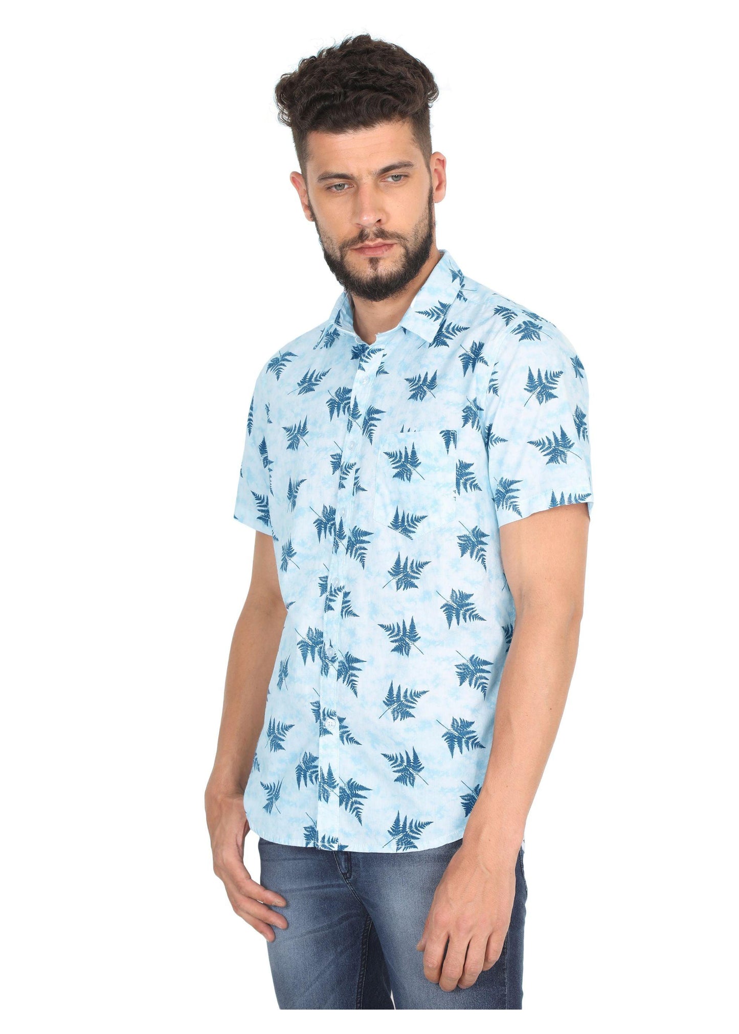 Leafy Sky Blue Printed Shirt