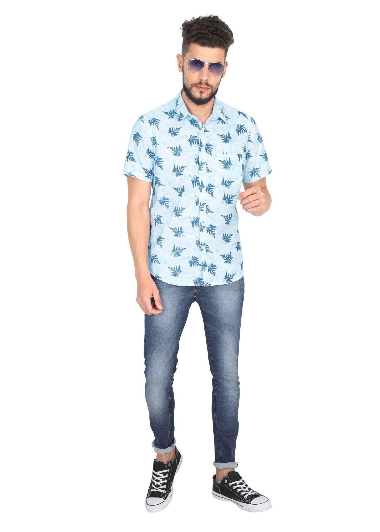 Leafy Sky Blue Printed Shirt
