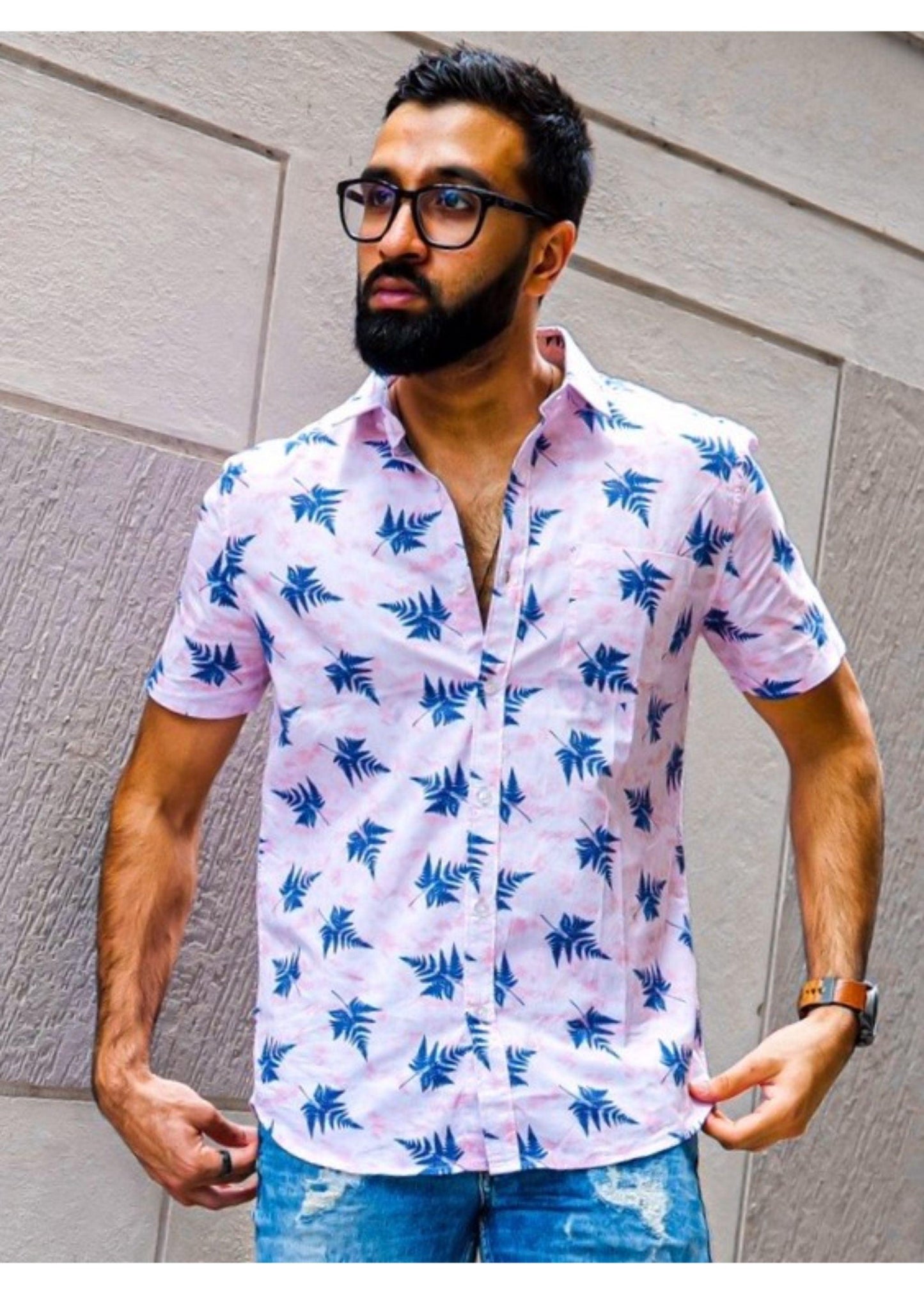 Leafy Pink Blue Printed Shirt
