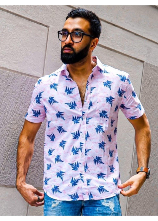 Leafy Pink Blue Printed Shirt